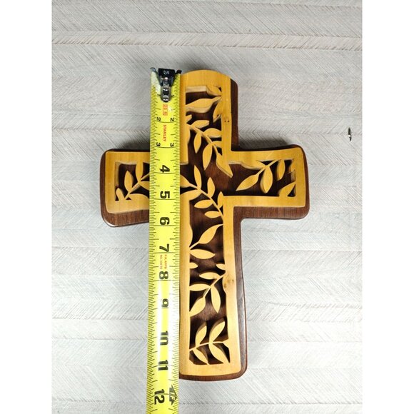 Handcrafted Wooden Wall Cross Intricate Leaf Design 11" Handmade by John Shaw - Picture 2 of 7